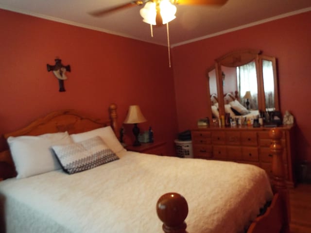 bedroom with crown molding and ceiling fan