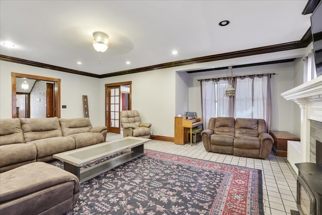 tiled living room featuring crown molding and ceiling fan