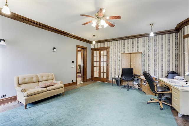 office space with french doors, ceiling fan, and ornamental molding