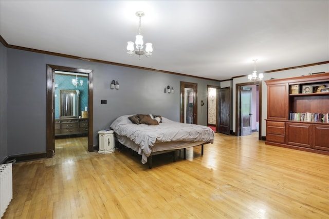 bedroom featuring ornamental molding, a notable chandelier, light wood-type flooring, and radiator