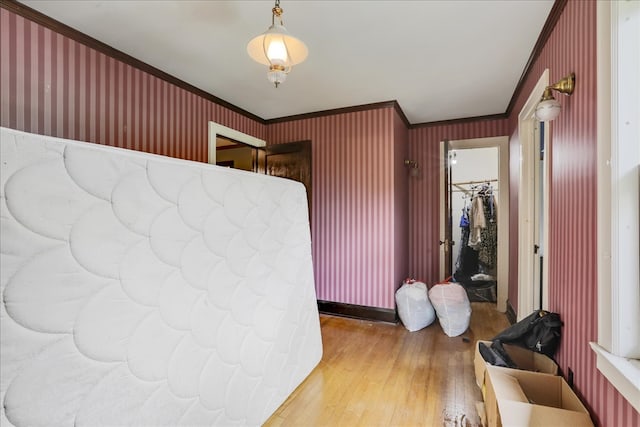 interior space featuring a closet, ornamental molding, wood-type flooring, and a spacious closet