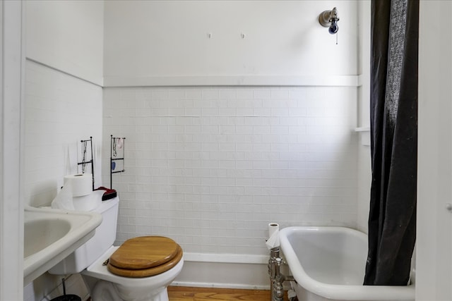 bathroom with tile walls, sink, hardwood / wood-style flooring, and toilet