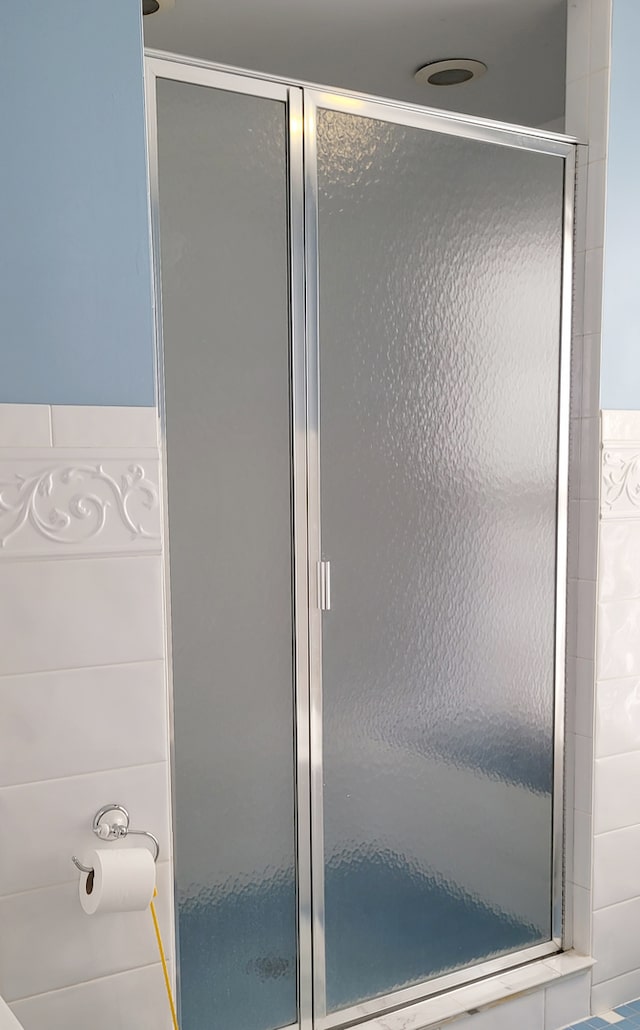 bathroom featuring a shower with door