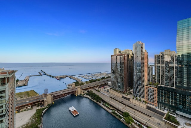 birds eye view of property featuring a water view