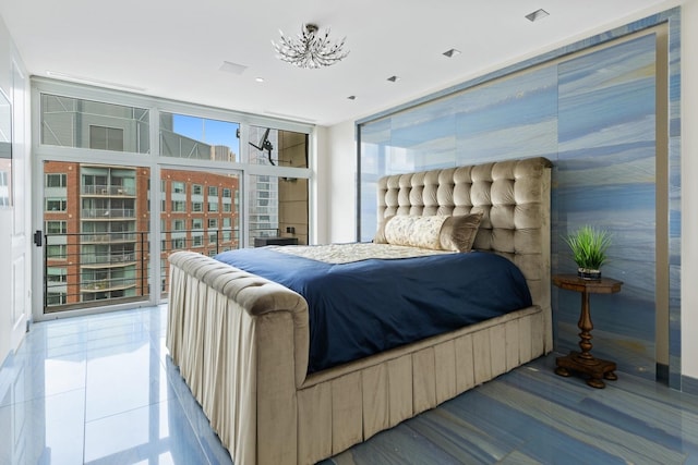 tiled bedroom with floor to ceiling windows