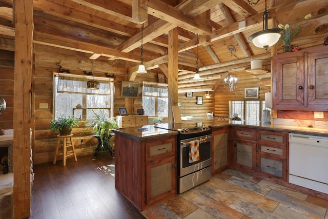 kitchen with log walls, dark hardwood / wood-style flooring, stainless steel electric range oven, kitchen peninsula, and white dishwasher