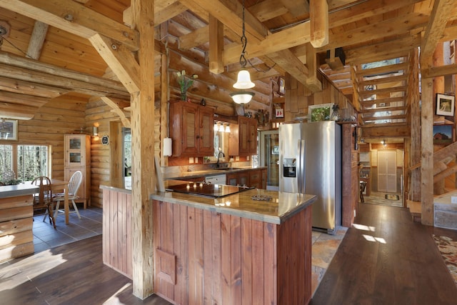 kitchen featuring log walls, kitchen peninsula, pendant lighting, stainless steel fridge with ice dispenser, and dark wood-type flooring