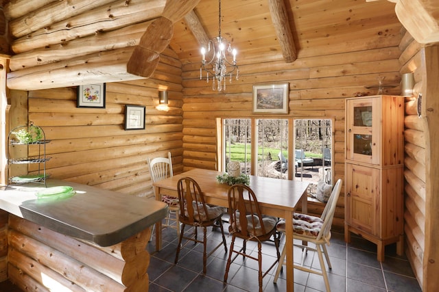 dining area with log walls, wooden ceiling, a chandelier, lofted ceiling with beams, and dark tile flooring