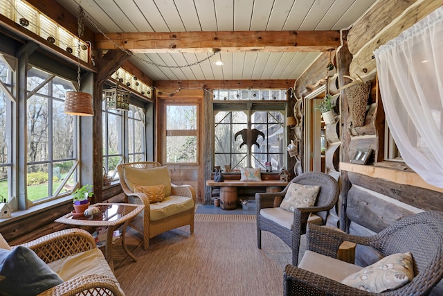 sunroom / solarium featuring wood ceiling and beam ceiling