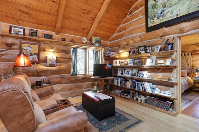 living room with log walls, beam ceiling, light hardwood / wood-style floors, wood ceiling, and high vaulted ceiling