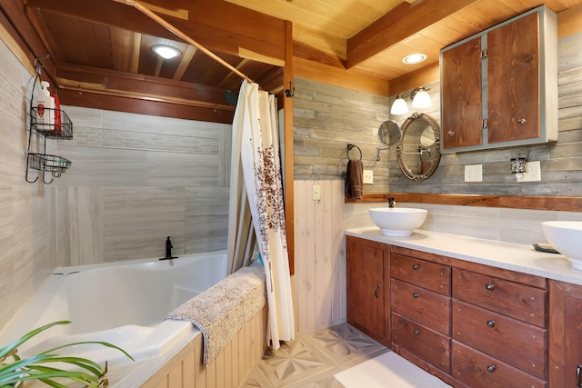 bathroom with wooden ceiling, tile flooring, wooden walls, and shower / bath combo with shower curtain