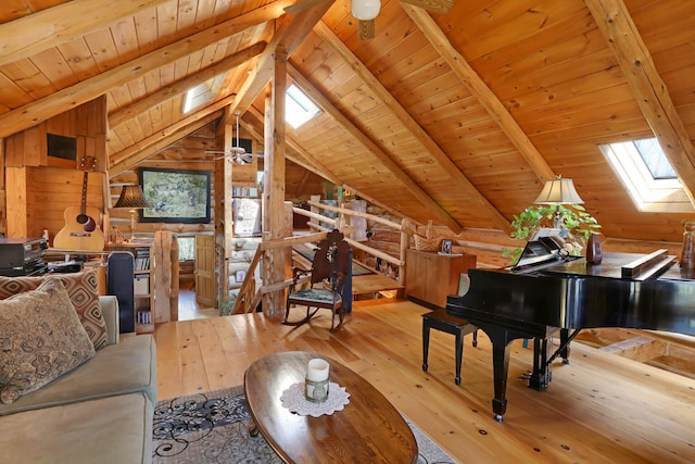 living room featuring wooden walls, light hardwood / wood-style flooring, and wood ceiling