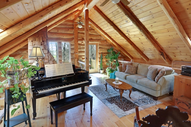 living room featuring log walls, lofted ceiling with beams, light hardwood / wood-style flooring, and wood ceiling