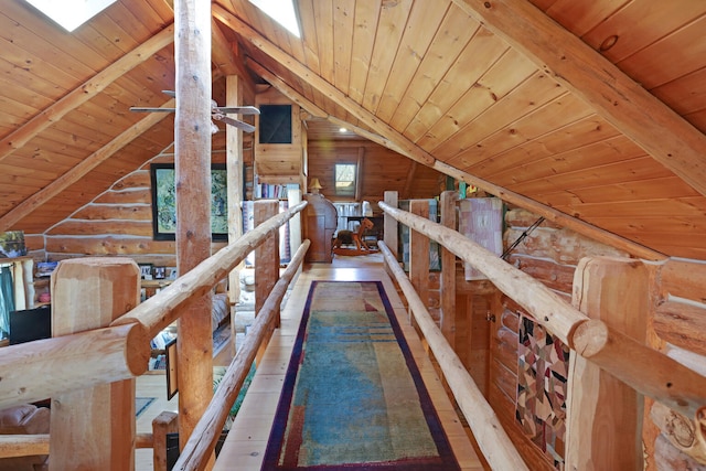 hall with dark hardwood / wood-style floors, log walls, wood ceiling, and lofted ceiling with beams