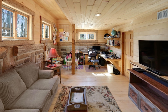 interior space featuring light hardwood / wood-style floors, wood ceiling, and wooden walls