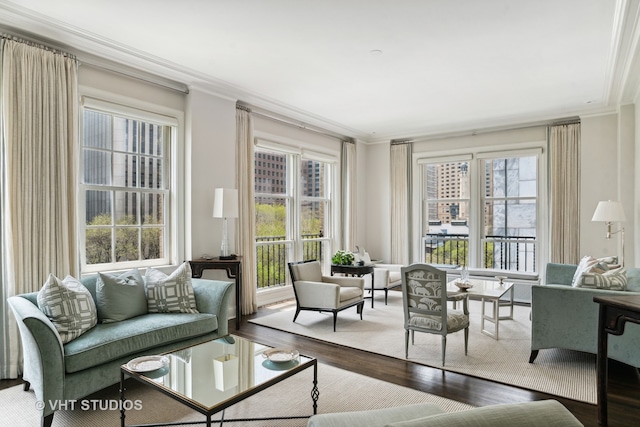 interior space with crown molding, a wealth of natural light, and hardwood / wood-style flooring