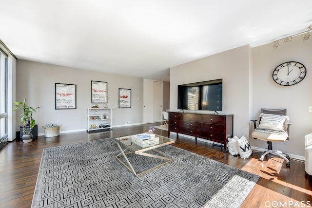 living room with dark hardwood / wood-style flooring