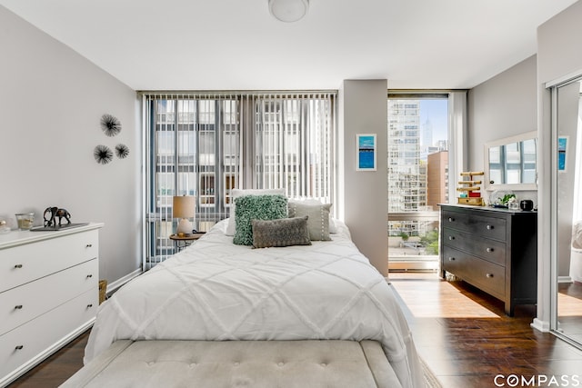 bedroom featuring dark hardwood / wood-style flooring and a wall of windows