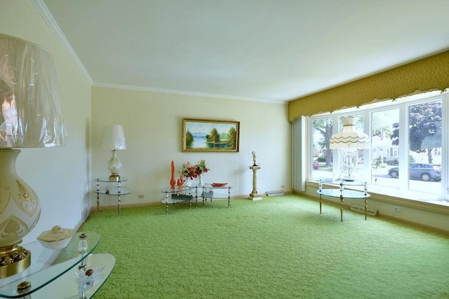 living area featuring carpet floors, crown molding, and baseboards