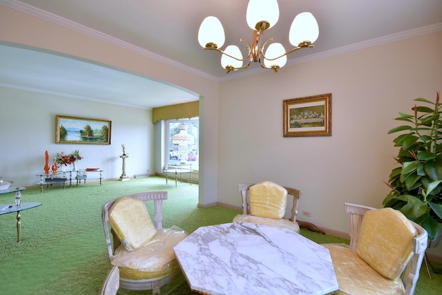 carpeted dining room with arched walkways, a chandelier, and ornamental molding