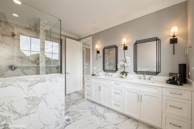 bathroom with tile patterned flooring, ornamental molding, dual bowl vanity, and a shower with shower door