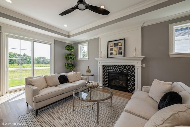 1062 Livingston Ave, Highland Park, IL 60035 - living room featuring wood finished floors, healthy amount of natural light, ceiling fan, a fireplace, and crown molding
