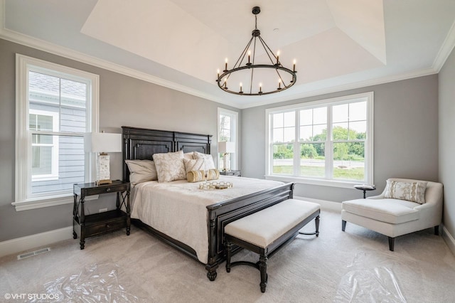 1062 Livingston Ave, Highland Park, IL 60035 - bedroom featuring a chandelier, ornamental molding, light carpet, baseboards, and a tray ceiling