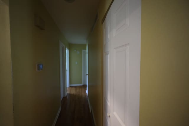 corridor with dark hardwood / wood-style flooring