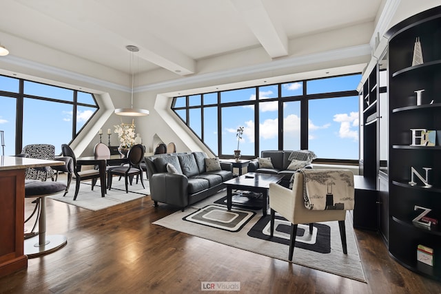 living room with dark hardwood / wood-style flooring, beamed ceiling, and plenty of natural light