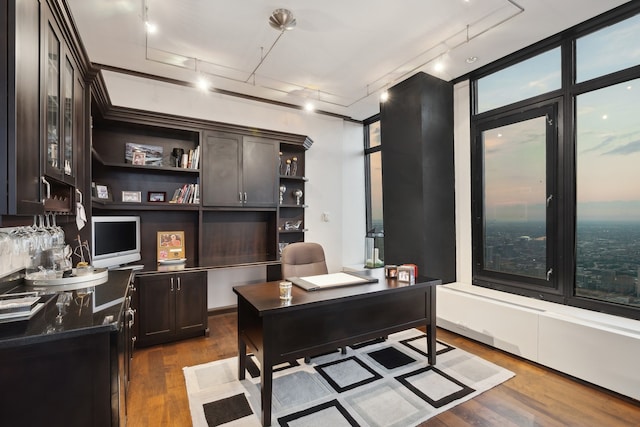 office area featuring track lighting, dark wood-type flooring, and a wall of windows