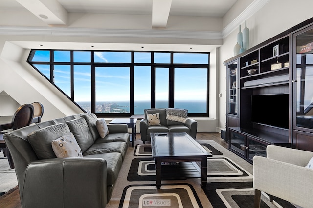 living room featuring a water view