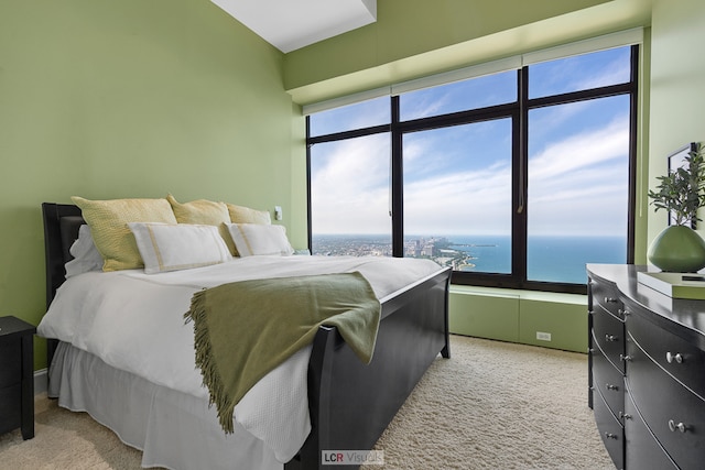 carpeted bedroom featuring a water view and multiple windows