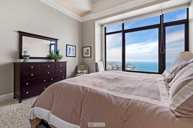 bedroom featuring light carpet, a water view, multiple windows, and crown molding