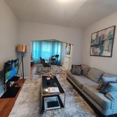 living room with vaulted ceiling and wood-type flooring