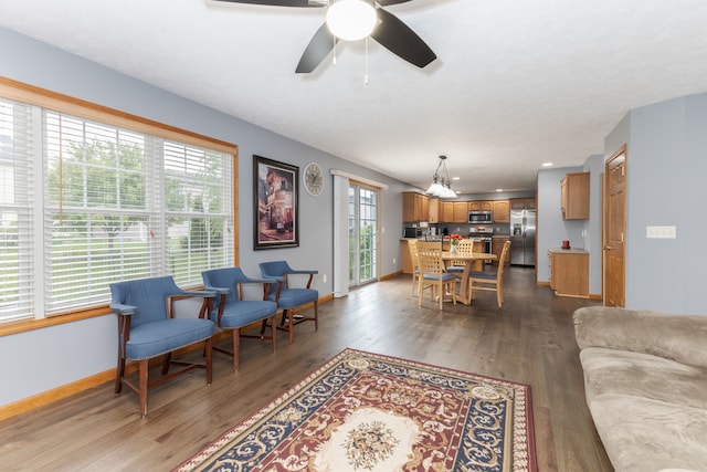 living room featuring plenty of natural light, dark hardwood / wood-style floors, and ceiling fan