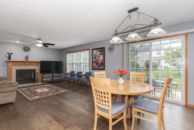 dining area featuring ceiling fan, dark wood-type flooring, and a textured ceiling