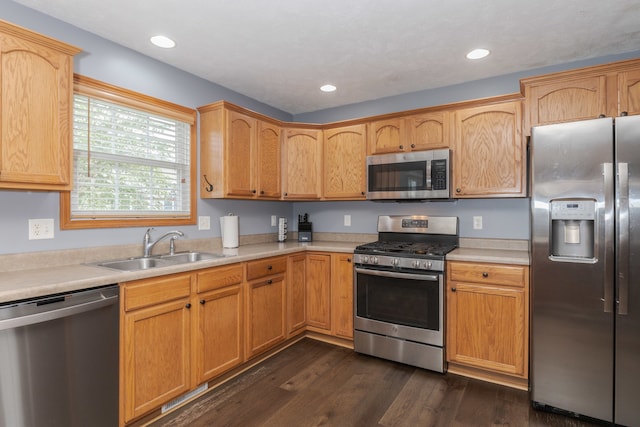 kitchen featuring dark wood-type flooring, appliances with stainless steel finishes, and sink