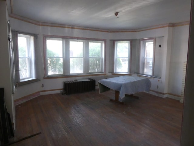 rec room with dark hardwood / wood-style flooring, crown molding, and radiator heating unit