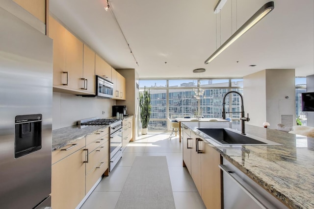 510 W Erie St Unit 1801, Chicago, IL 60654 - kitchen featuring appliances with stainless steel finishes, light stone countertops, pendant lighting, floor to ceiling windows, and rail lighting