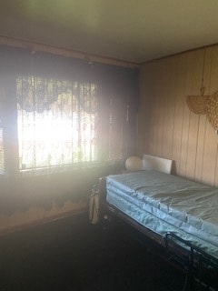 carpeted bedroom featuring wood walls