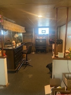 basement with dark colored carpet