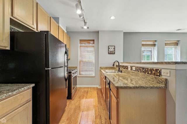 3811 S Langley Ave Unit 301, Chicago, IL 60653 - kitchen with stainless steel range with gas cooktop, freestanding refrigerator, light wood-style floors, light stone counters, and plenty of natural light