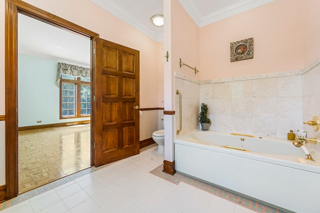 bathroom with tile patterned flooring, toilet, a bathtub, and ornamental molding