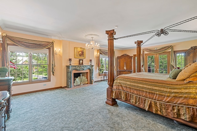 bedroom with carpet flooring, ornamental molding, a high end fireplace, and multiple windows