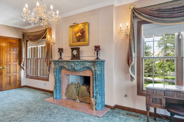 sitting room featuring carpet, ornamental molding, and a high end fireplace