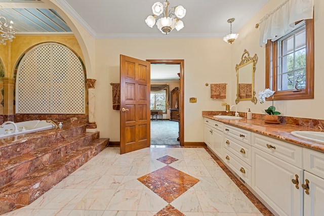 bathroom featuring plenty of natural light, crown molding, and an inviting chandelier