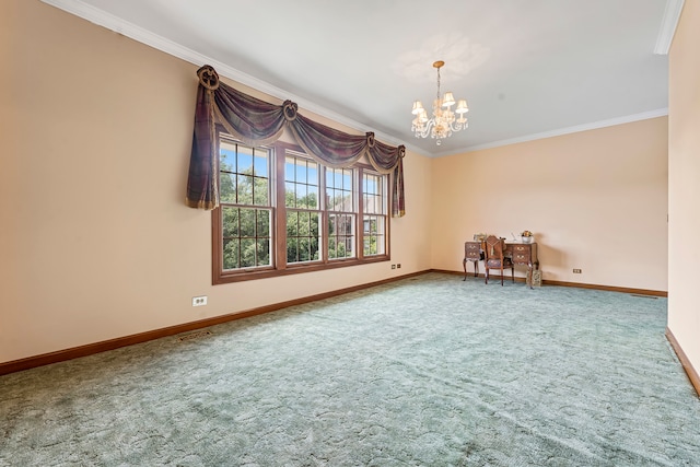 spare room with a chandelier, carpet, and ornamental molding