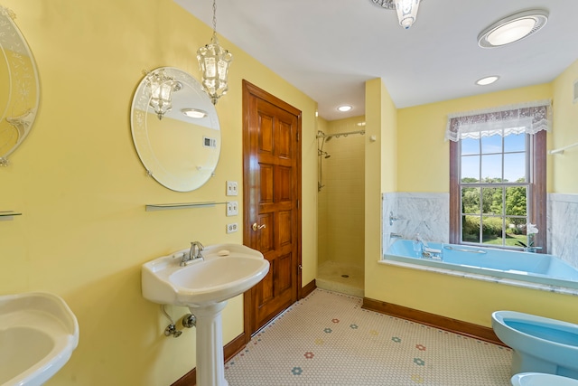 full bathroom with sink, tile patterned floors, a bidet, toilet, and shower with separate bathtub