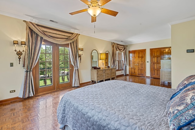 bedroom featuring access to exterior, ceiling fan, parquet flooring, and ornamental molding