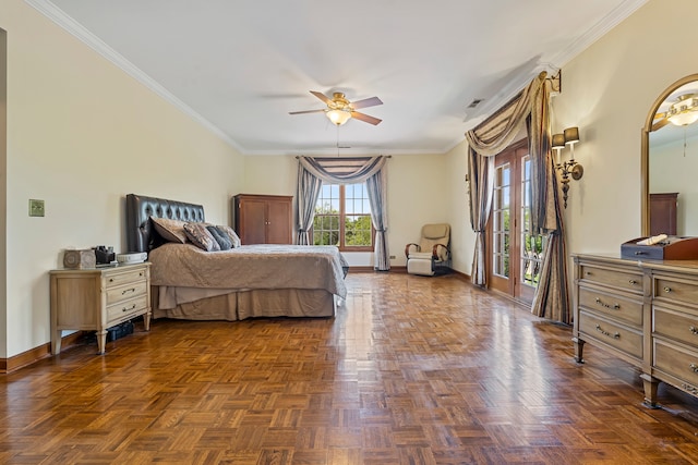 bedroom featuring dark parquet floors, ceiling fan, and ornamental molding